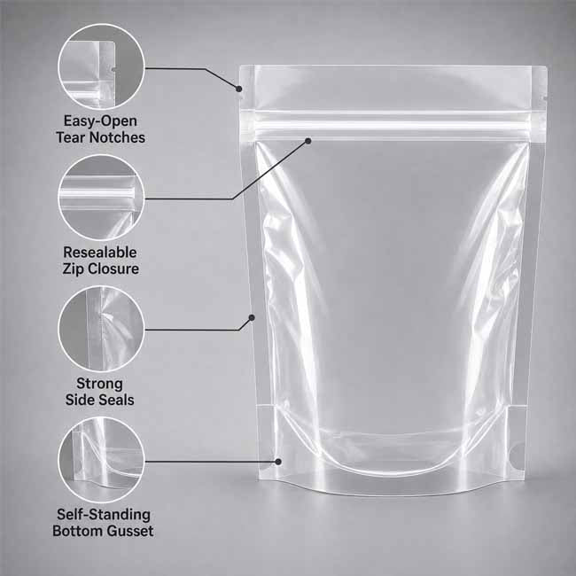 Clear stanup pouch |  zip lock standup PE pouch - features image with highlights - shop online vacuumsealbags.co.nz