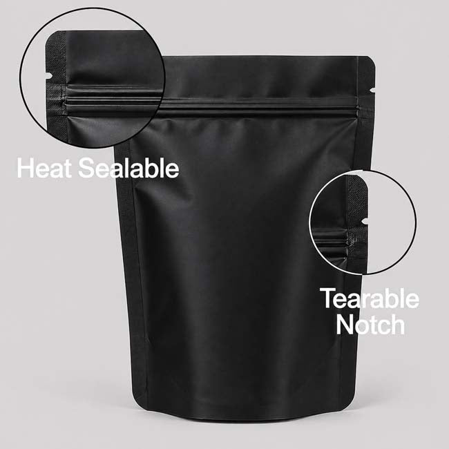 Black stand-up pouch with heat sealable and tearable notch features on a gray background
