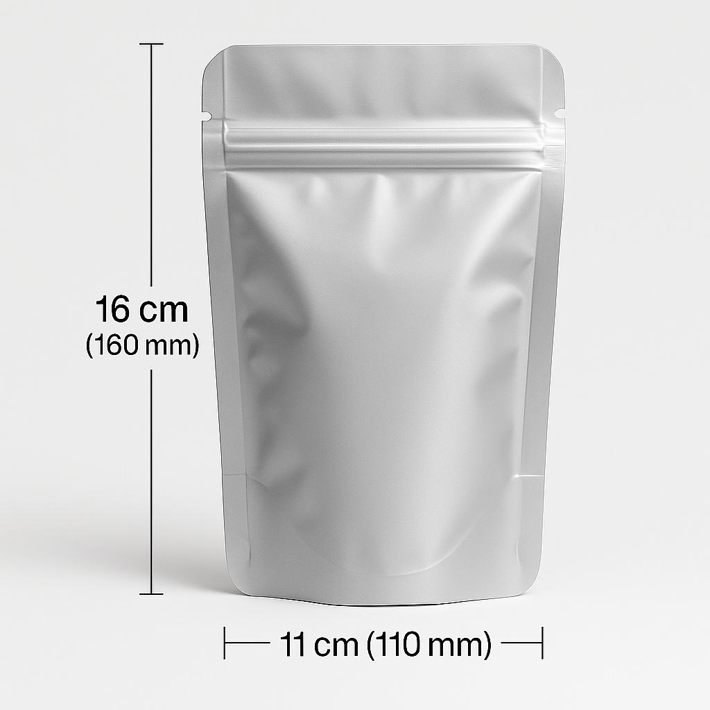 Food grade silver Mylar stand-up pouch 11cm x 16cm with zip lock – Shop online at VacuumSealBags.co.nz