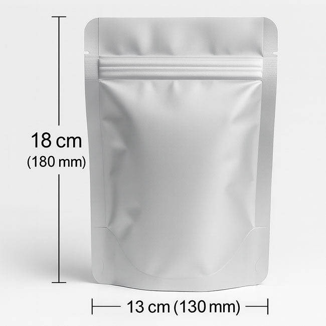 Silver Mylar stand-up pouch with zip lock, 18 cm tall and 13 cm wide, food grade packaging bag | Shop online VacuumSealBags.co.nz