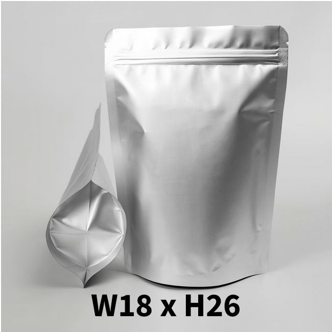 Silver Mylar stand-up pouch with zip lock, 26 cm tall and 18 cm wide, food grade packaging bag | Shop online VacuumSealBags.co.nz