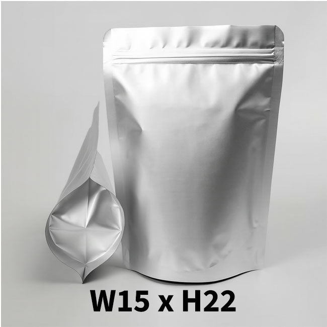 Silver Mylar stand-up pouch with zip lock, 22 cm tall and 15 cm wide, food grade packaging bag | Shop online VacuumSealBags.co.nz