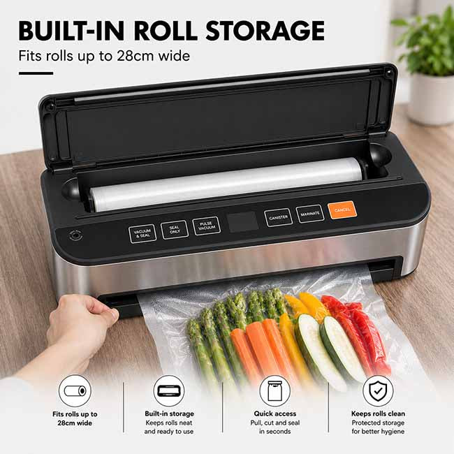 Food Vacuum Sealer machine - with free bags - Roll storage built in - shop online vacuumsealbags.co.nz