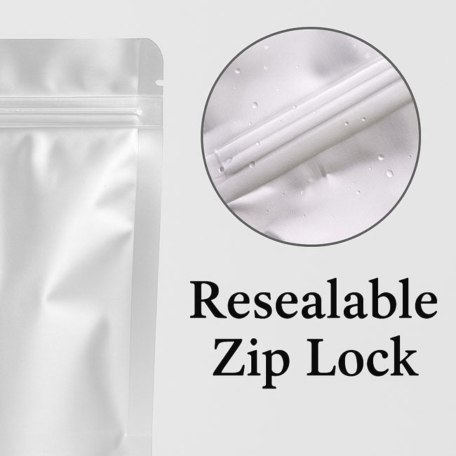 Close-up of silver Mylar pouch resealable zip lock for fresh food storage – Shop online at VacuumSealBags.co.nz
