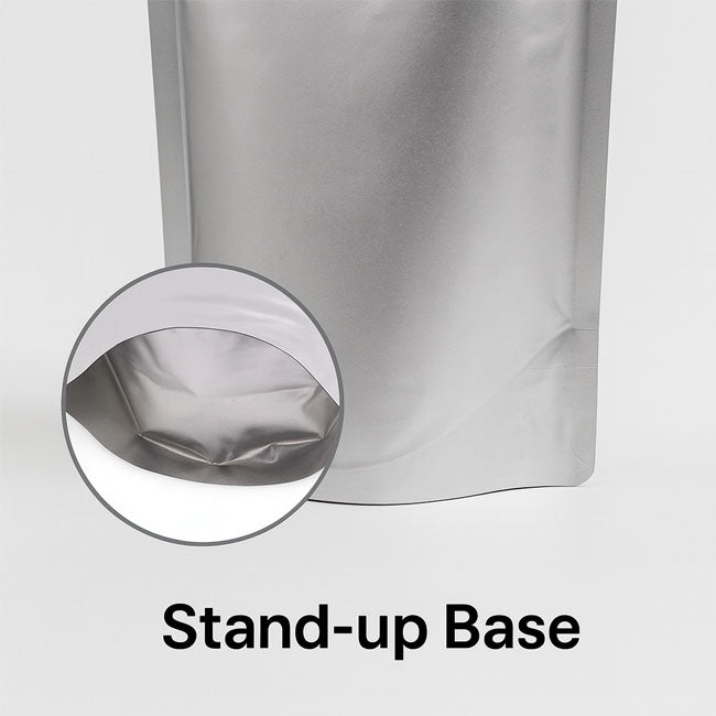 Close-up of silver Mylar stand-up pouch with gusseted base for stability – Available now at VacuumSealBags.co.nz