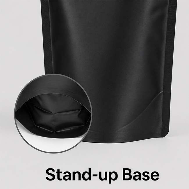 Black stand-up pouch with a close-up of the stand-up base on a light gray background.