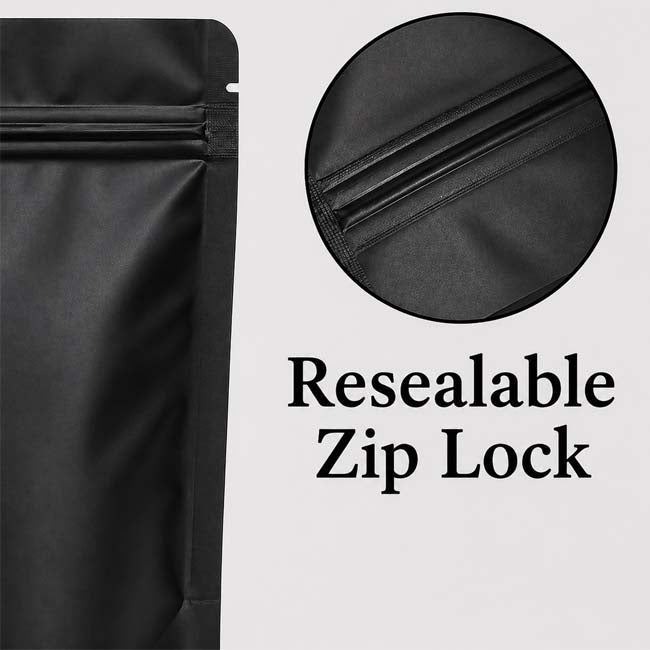 Black resealable zip lock bag with close-up of zipper mechanism on a light gray background.